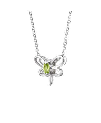 Sterling Silver White Gold Plated with Light Green Tourmaline Butterfly Pendant Necklace