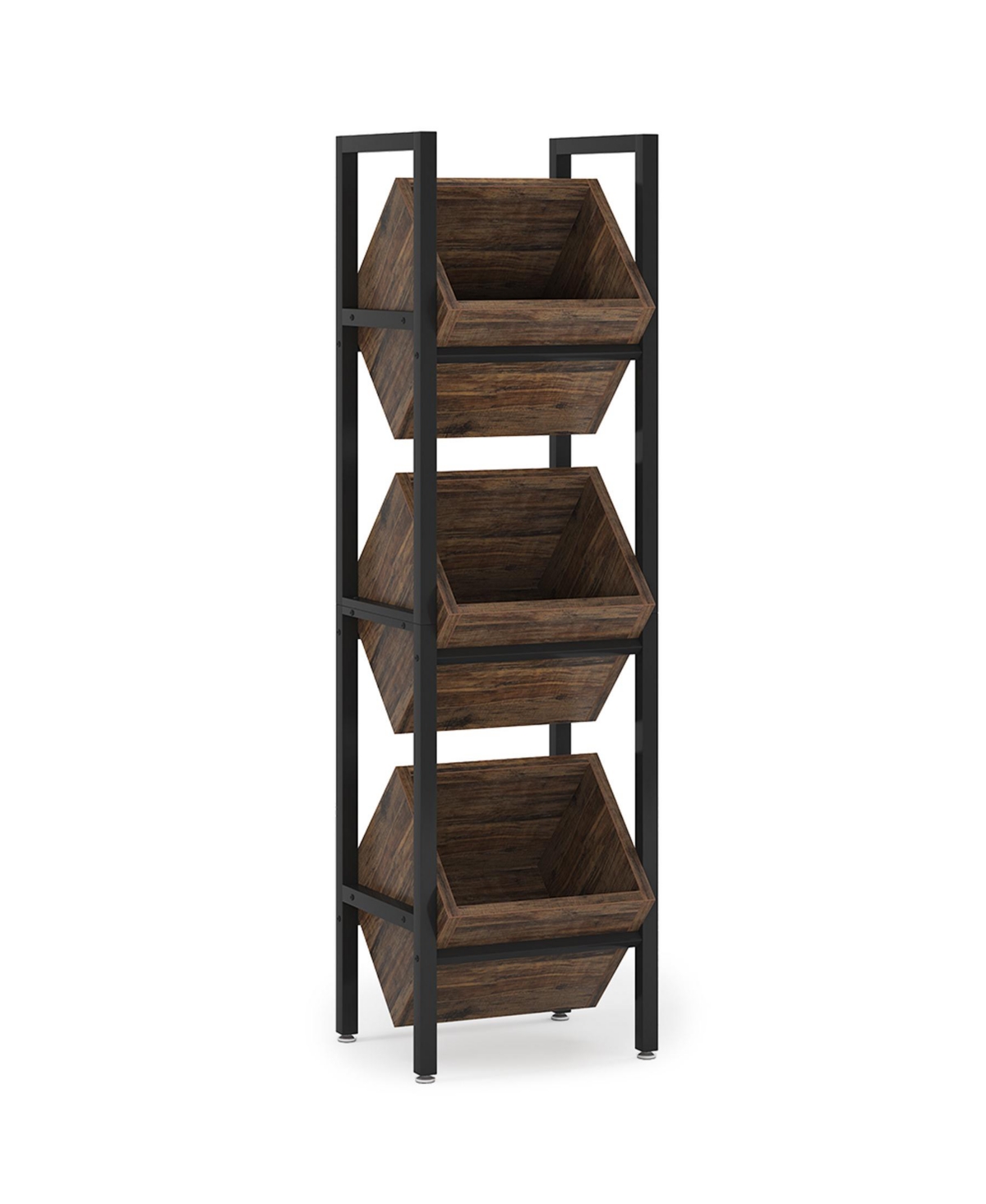 Basket Stand, 3 Tier Wood Shelving Unit with Baskets, Vertical Standing Basket Storage Tower for Kitchen Bathroom Living Room - Rustic and