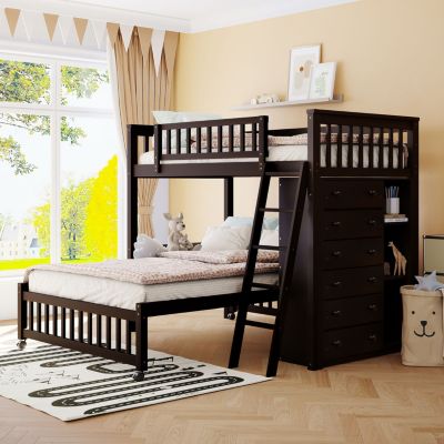 Twin Over Full Bunk Bed with Drawers and Shelves