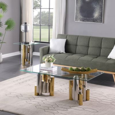  48" Rectangle Glass Coffee Table with Stainless Steel Accents