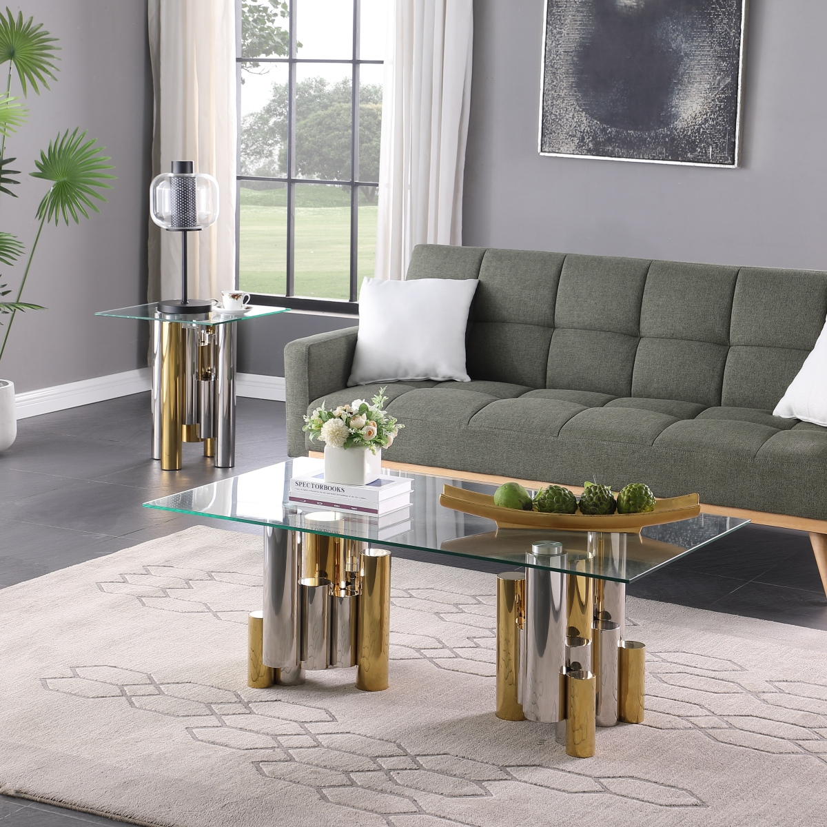 Stainless Steel Rectangular Accent Glass Coffee Table for Living Room- 48" Modern Sleek Center Table with Clear Tempered Glass