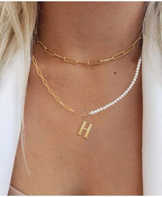 14K Gold Plated Toggle Clasp Initial Imitation Pearl Link Chain Necklace