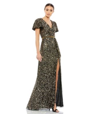Women's Sequined Wrap Over Butterfly Sleeve Draped Gown