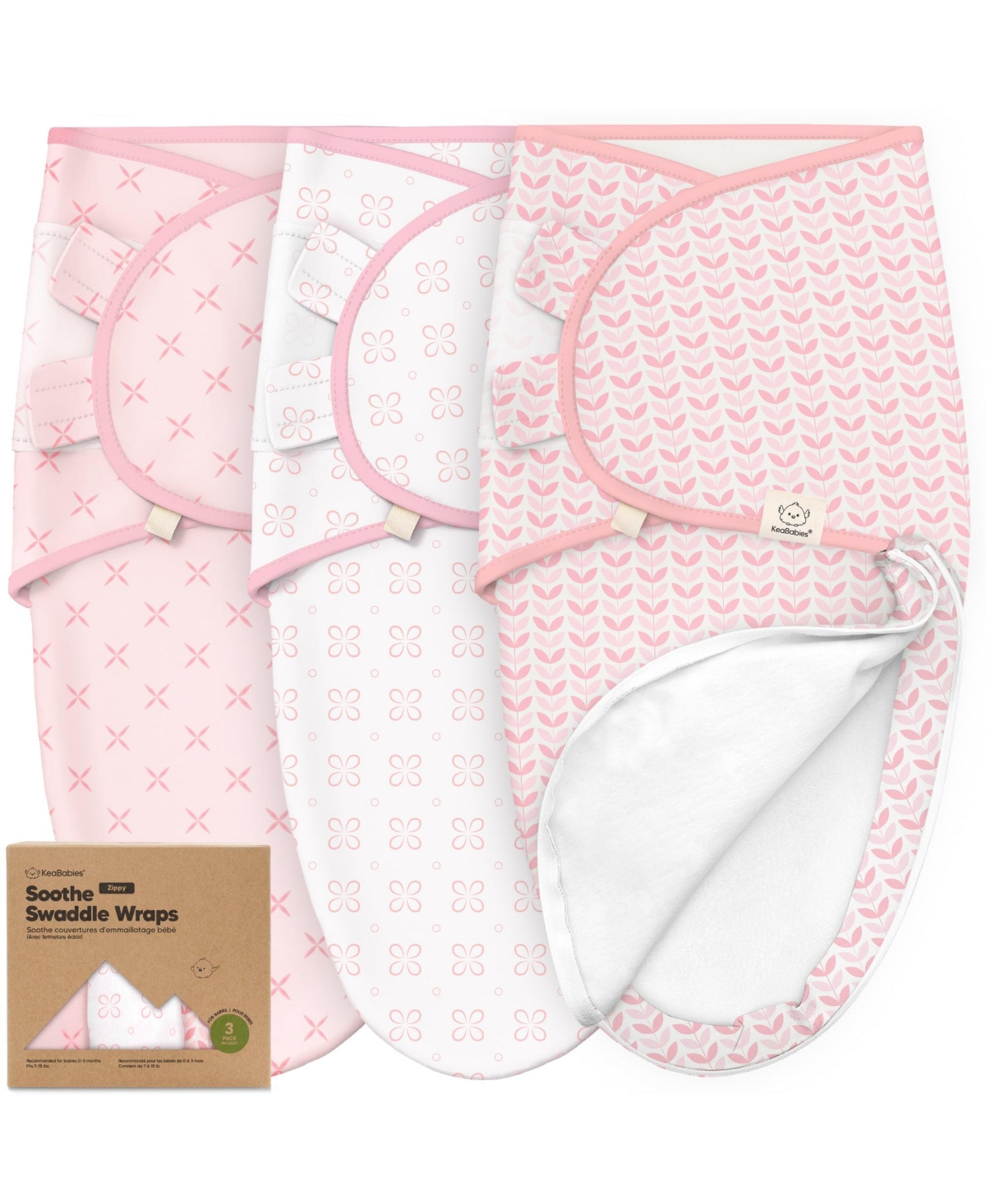 KeaBabies 3pk Soothe Zippy Baby Swaddles 0-3 Months, Newborn Sleep Sacks, Zipper Swaddle, Wearable Swaddle Blanket