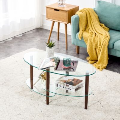 Streamdale Modern Oval Glass Coffee Table with Oak Wood Legs