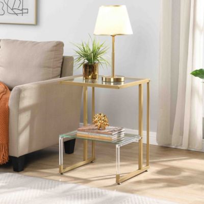 Golden Side Table, 2-Tier Acrylic Glass End Table For Living Room Bedroom