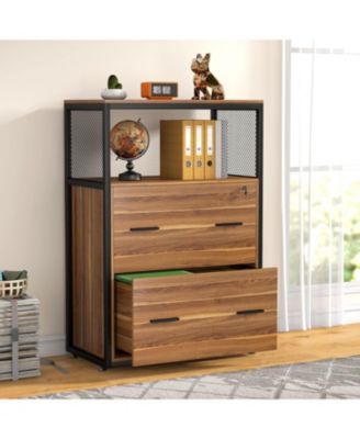 2 Drawer File Cabinet with Lock, Large Lateral Filing Cabinet for Letter/Legal / A4 Size, Wood Printer Stand with Open Storage Shelves for HomeOffice (Brown)