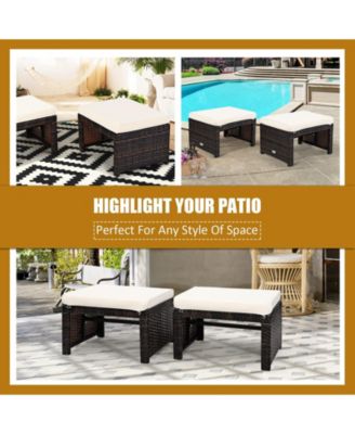 2 Pieces Patio Rattan Ottomans with Soft Cushion for Patio and Garden