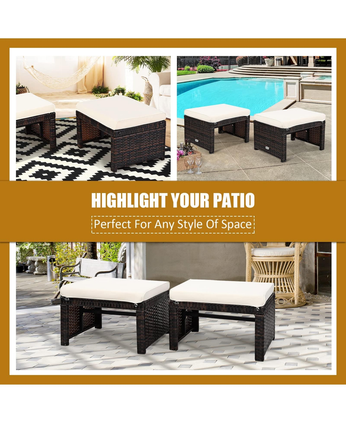 Sugift 2 Pieces Patio Rattan Ottomans with Soft Cushion for Patio and Garden