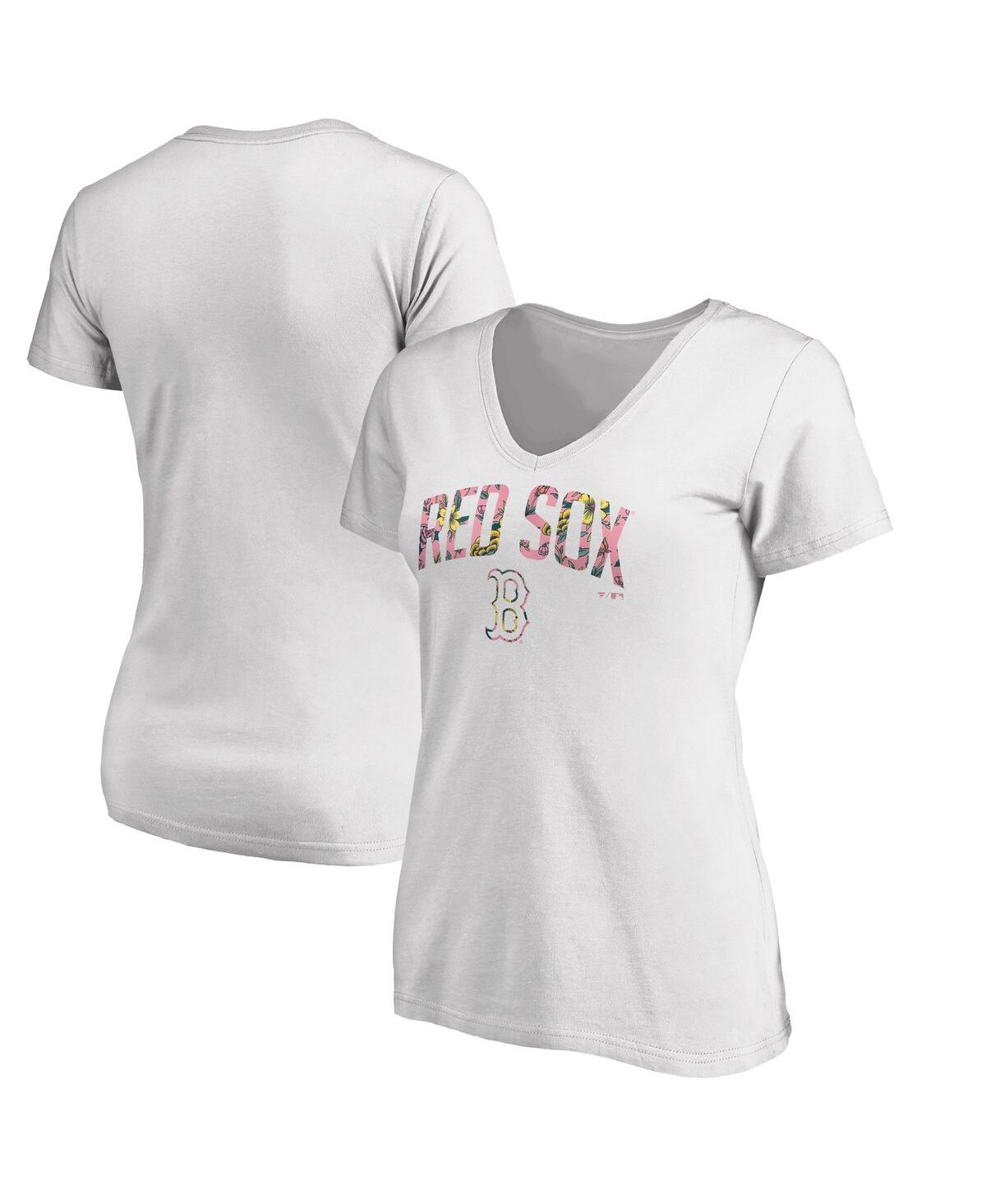 Fanatics Women's White Boston Red Sox Floral Arched Logo V-neck T-shirt In White