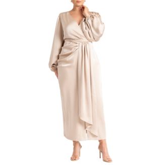 ELOQUII Women's Plus Size Satin Puff Sleeve Pleated Dress - Light Tan