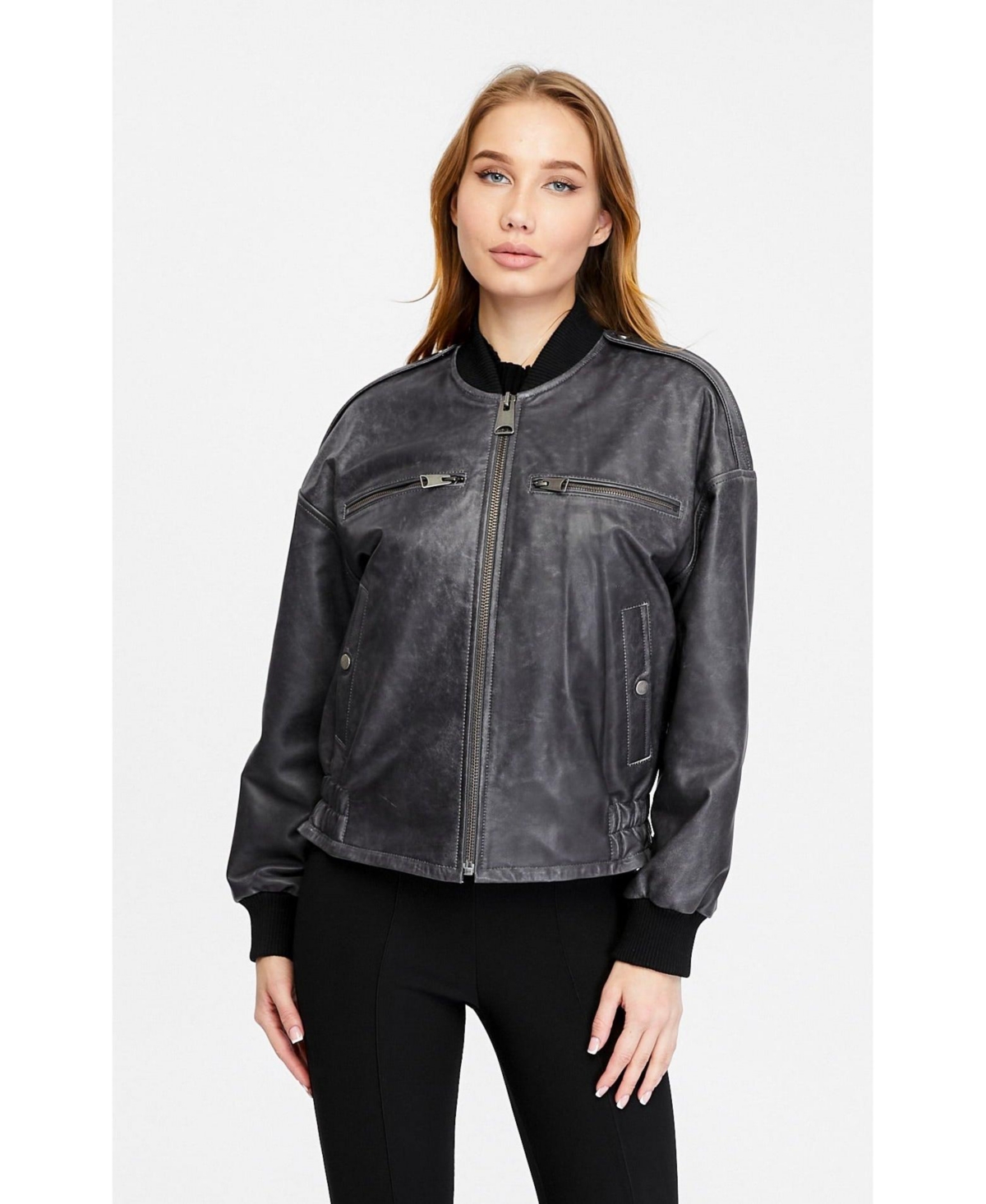 Women's Genuine Leather Bomber Jacket, Black - Black