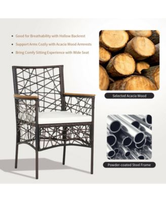 2 Pieces PE Wicker Patio Bistro Dining Chairs with Acacia Wood Armrests and Cushions