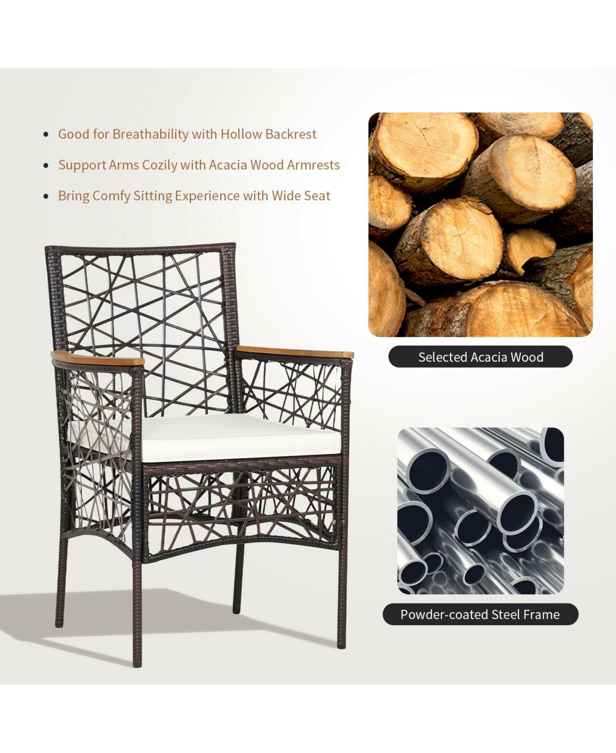 Sugift 2 Pieces Pe Wicker Patio Bistro Dining Chairs with Acacia Wood Armrests and Cushions