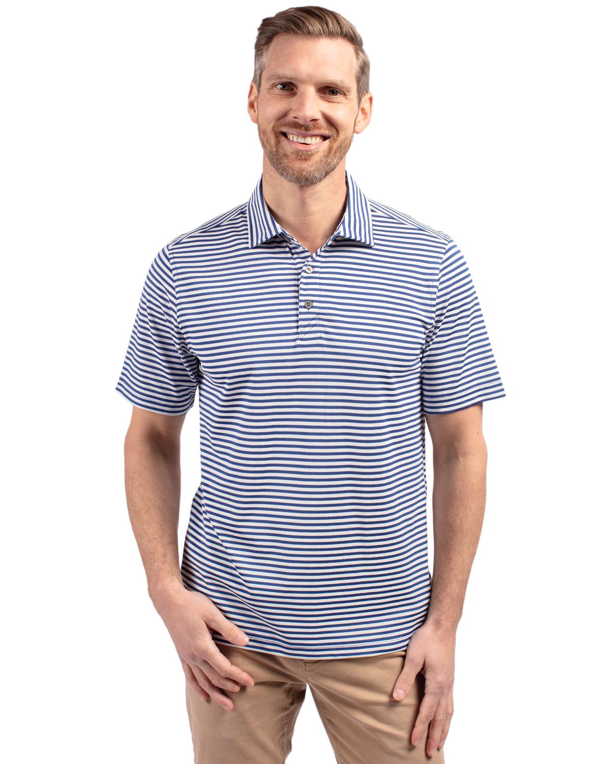 Virtue Eco Pique Stripe Recycled Mens Tall Polo Shirt - Tour blue