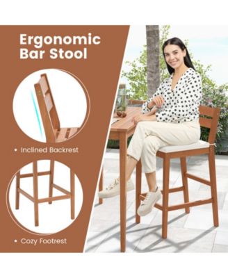 Set of 2 Outdoor Wood Barstools with Soft Seat Cushion