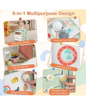 6-in-1 Wooden Baby Stroller with Play Kitchen for Kids Over 12 Months