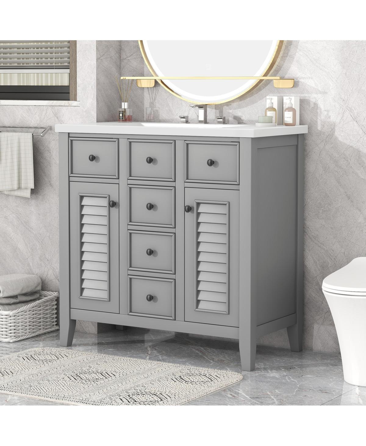 36" Bathroom Vanity With Ceramic Basin, Two Cabinets And Five Drawers, Solid Wood Frame - Grey