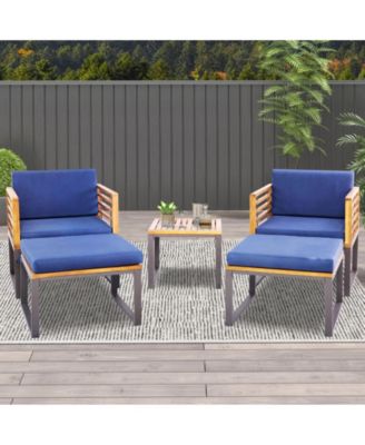 5 Piece Patio Acacia Wood Chair Set with Ottomans and Coffee Table