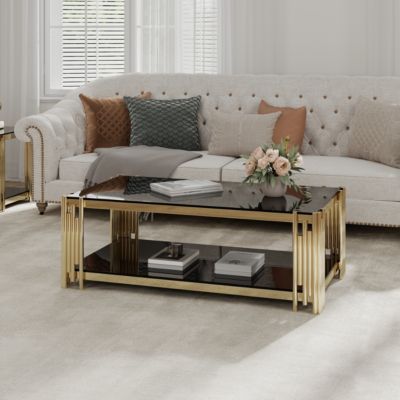 Golden Stainless Steel Double Layer Coffee Table With Glass Top