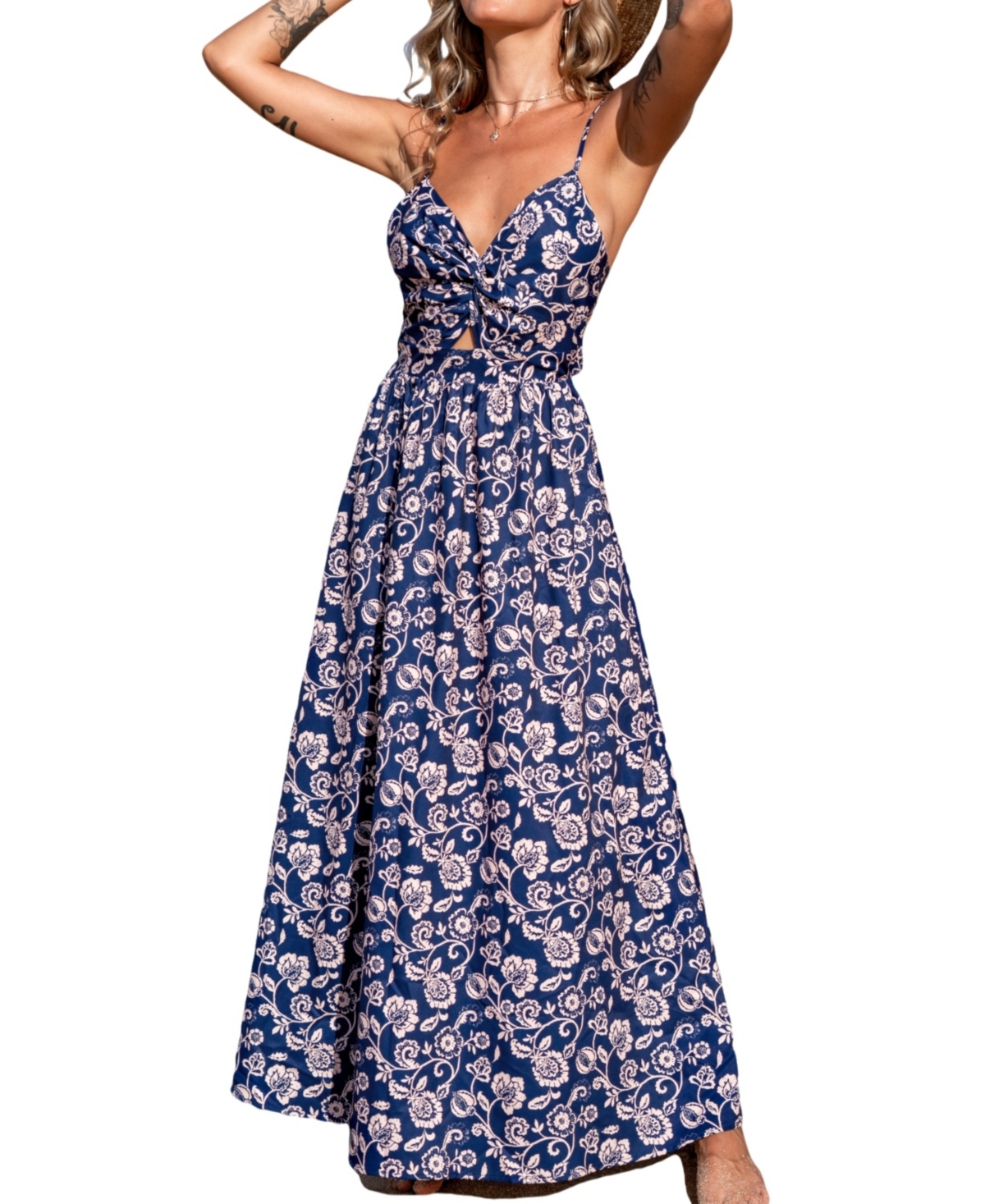 Women's Blue Floral Sweetheart Twist & Keyhole Maxi Beach Dress - Dark blue
