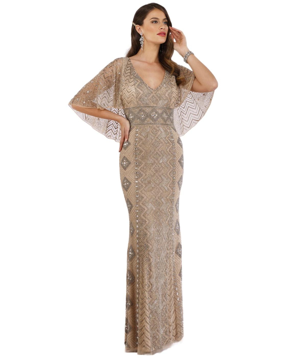 Women's Cape Sleeve V-Neck Beaded Gown - Nude/silver