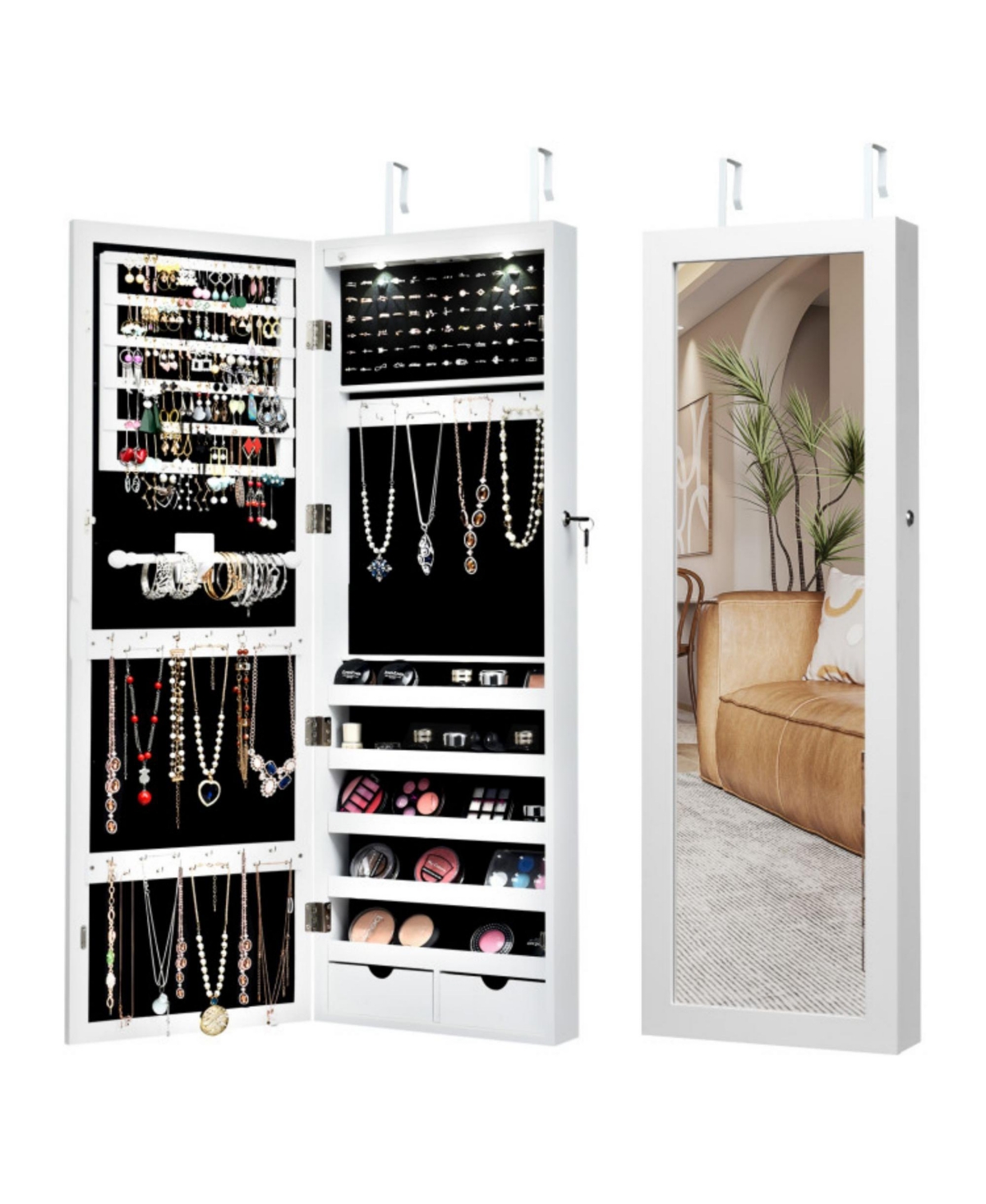 Lockable Wall Mount Mirrored Jewelry Cabinet with Led Lights - White
