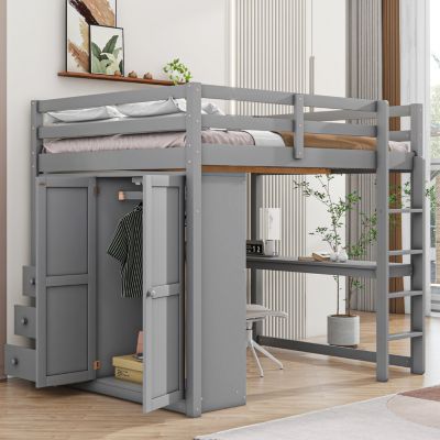 Streamdale Full Size White Loft Bed with Wardrobe, Desk, & Storage