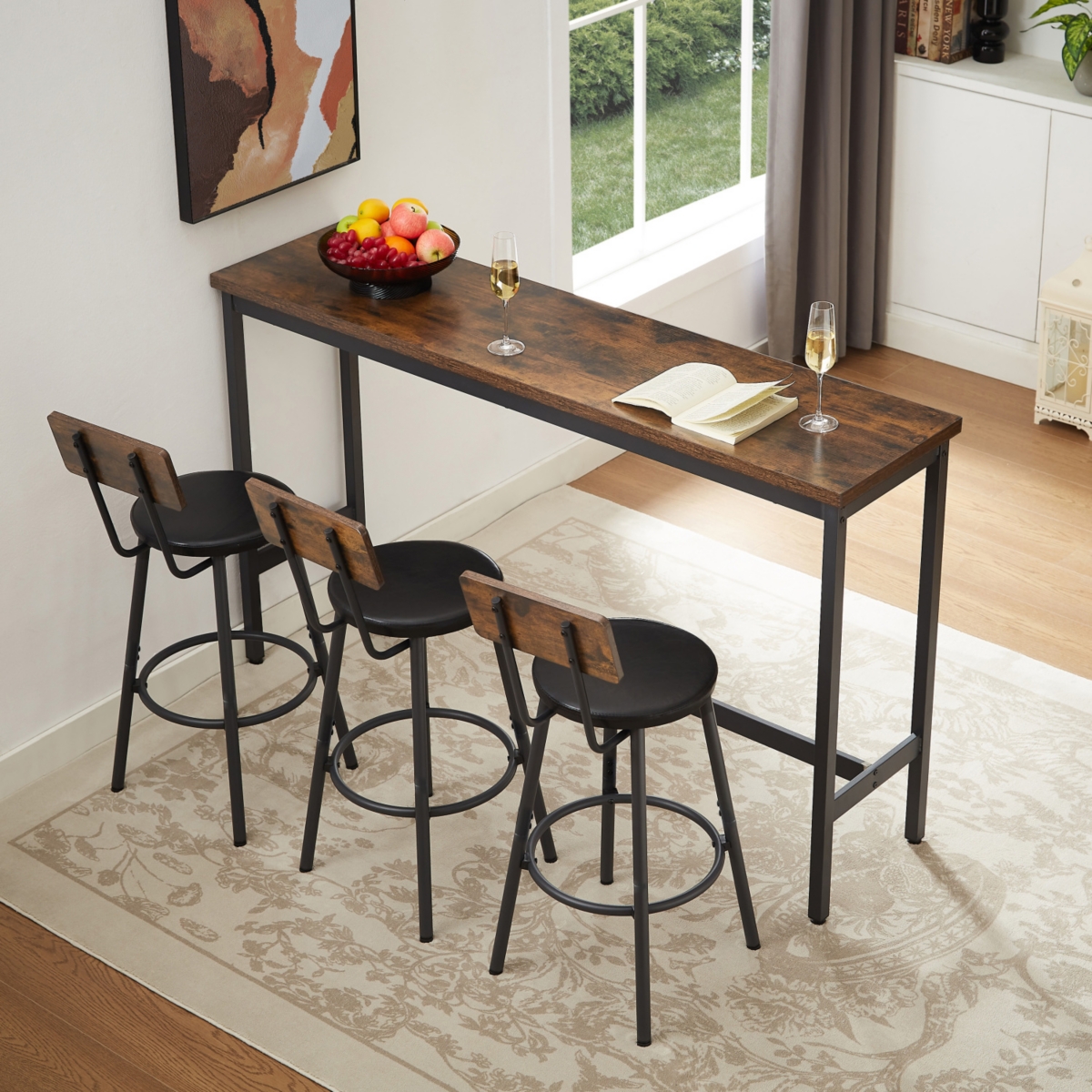 Industrial Bar Table Set with Stools - Rustic Brown & Black