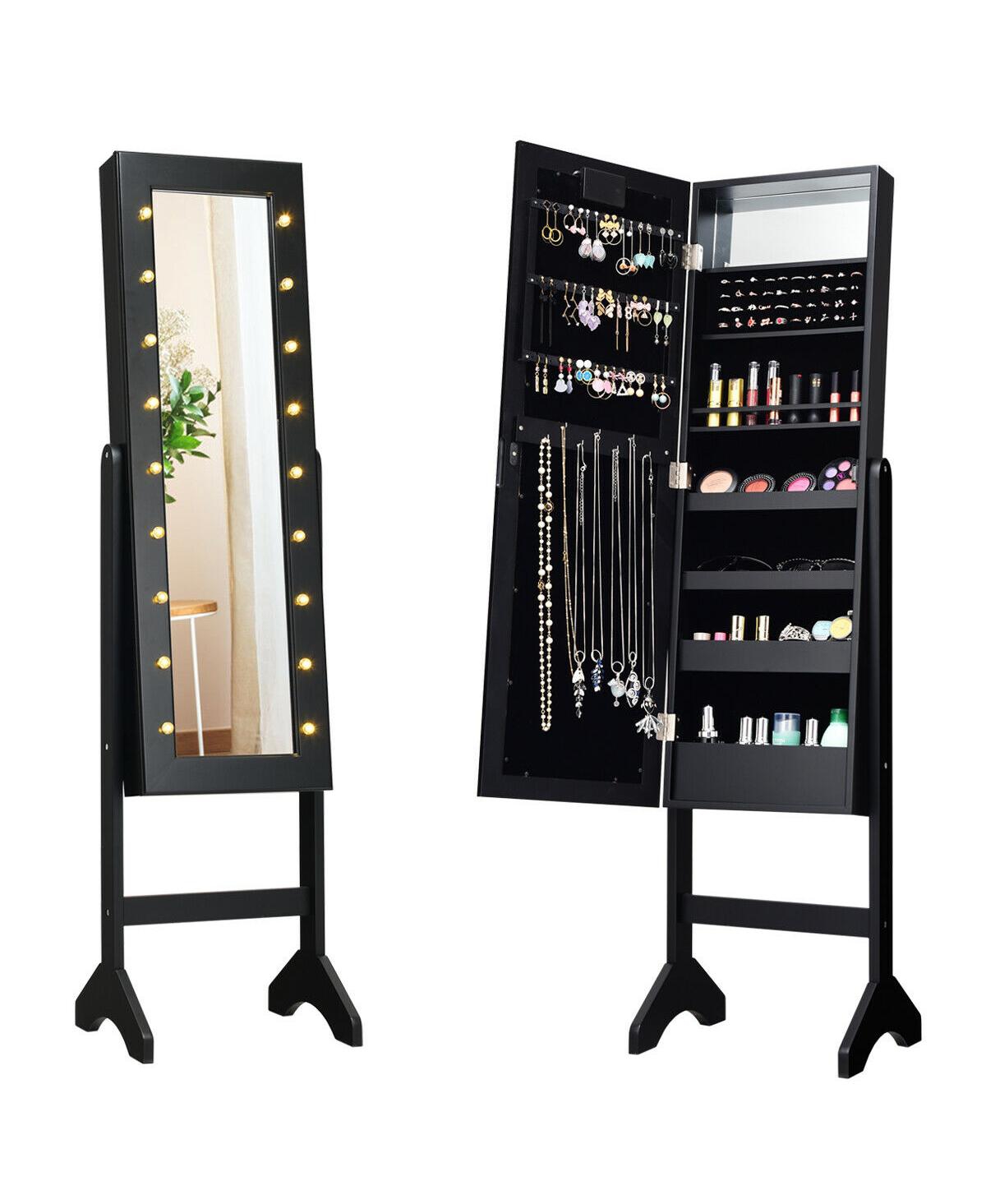 Mirrored Standing Jewelry Armoire Cabinet with Led Lights - Black