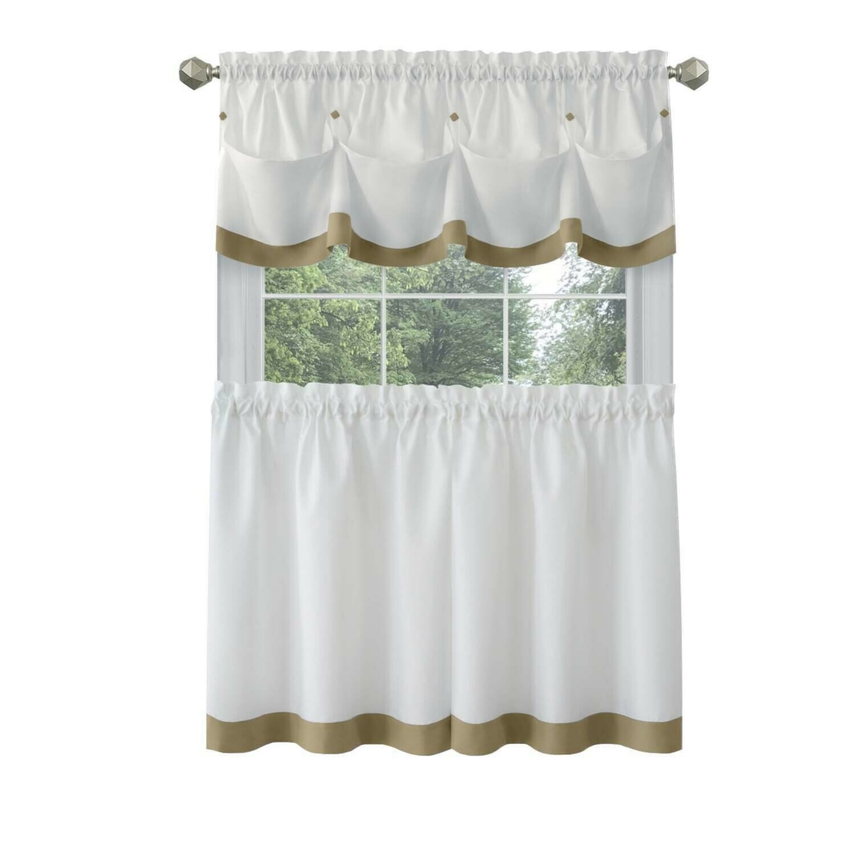 Mystic Seaport Watercolor Rod Pocket Complete 3 Piece Cafe Kitchen Curtain Tier & Valance Set - Spice - Taupe