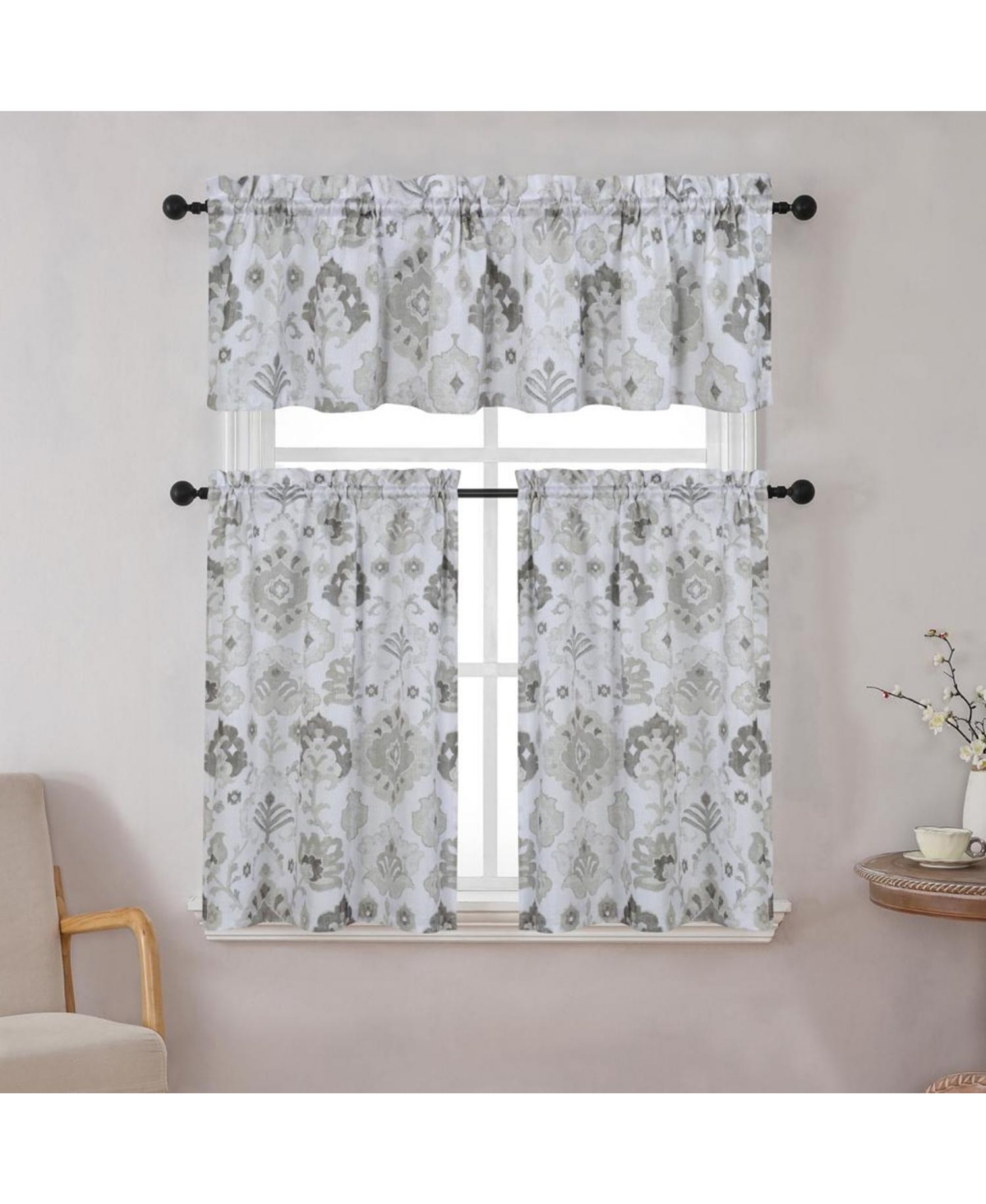 Mystic Seaport Watercolor Rod Pocket Complete 3 Piece Cafe Kitchen Curtain Tier & Valance Set - Spice - Taupe