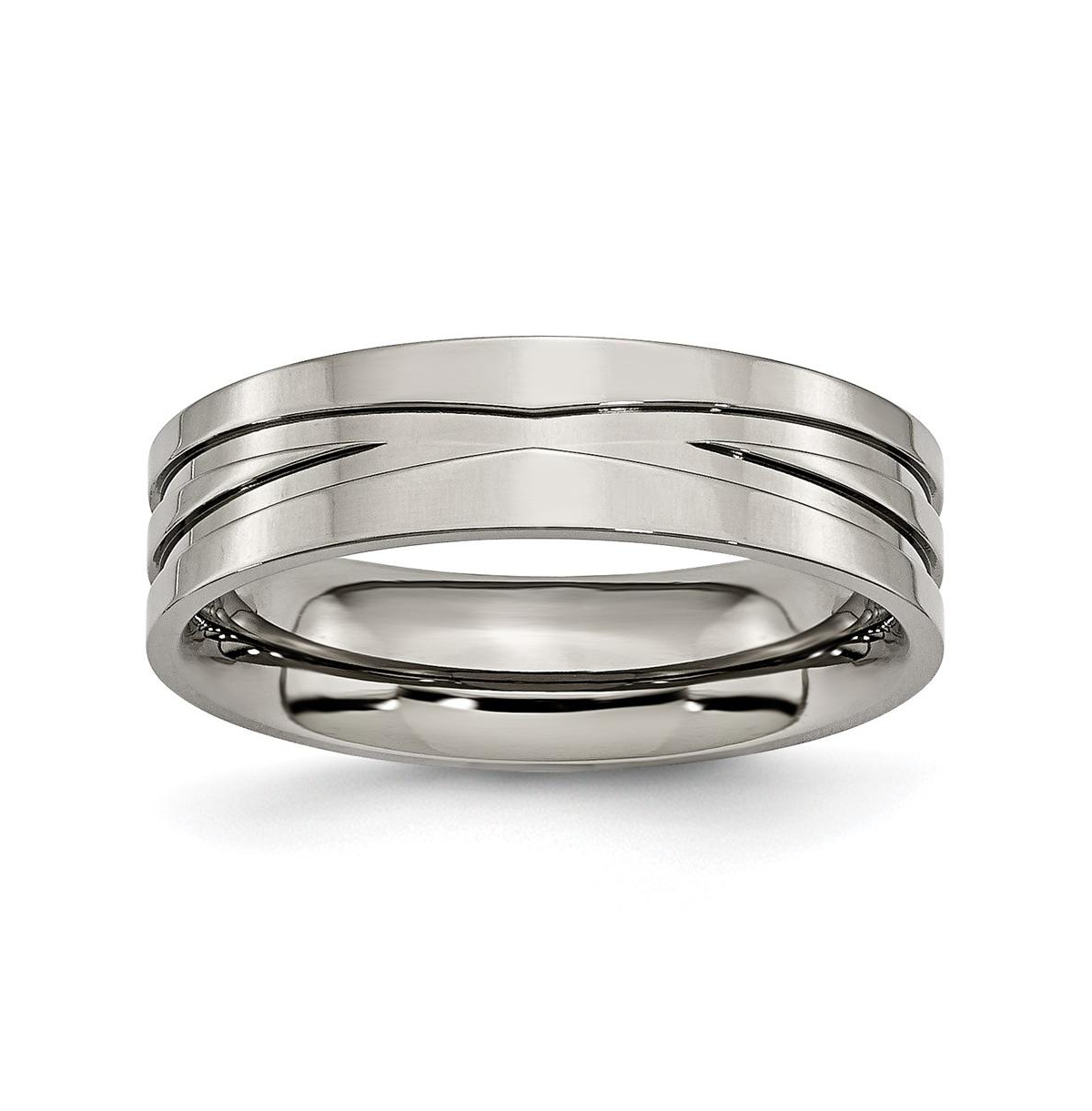 Titanium Polished X-Design Grooved Flat Wedding Band Ring - White