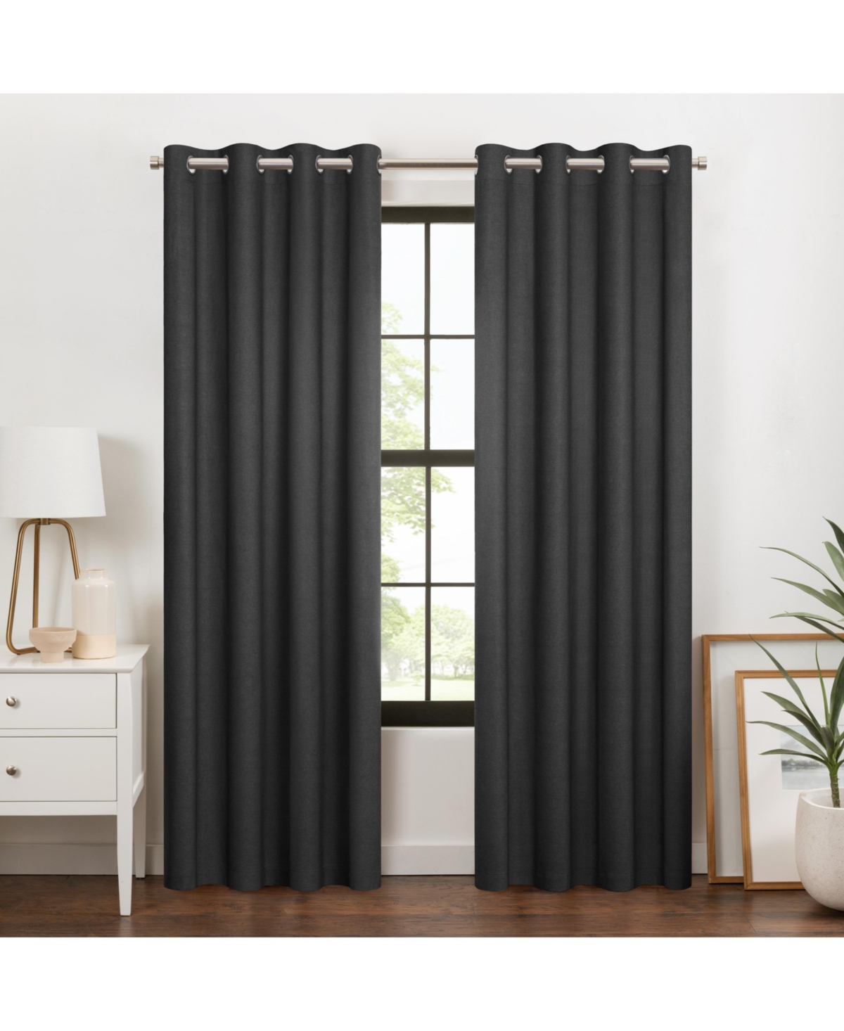 100% Blackout Curtain, Larissa Solid Grommet Curtain, 63 in Long x 50 in Wide, Textured, Onyx Black - Black