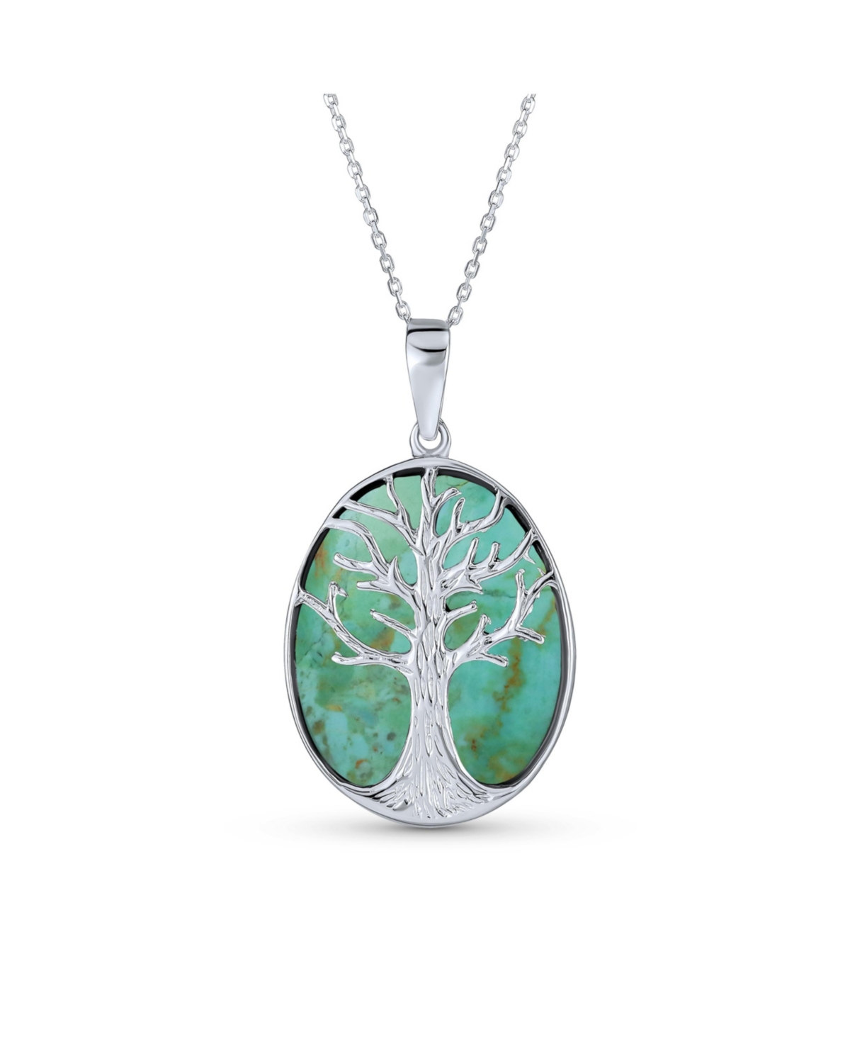 Blue Turquoise Large Oval Wishing Tree Family Tree Of Life Pendant Necklace Western Jewelry For Women .925 Sterling Silver - Aqua