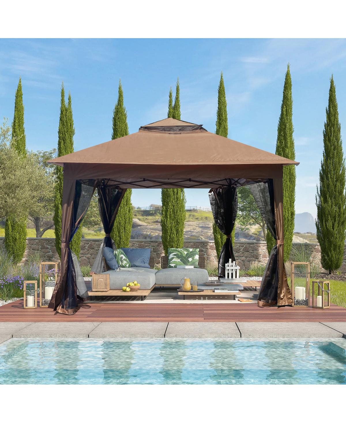 Streamdale Furniture Pop Up Gazebo Canopy With Netting, 2-Tier Soft Top Tent, 11x11FT,- Brown