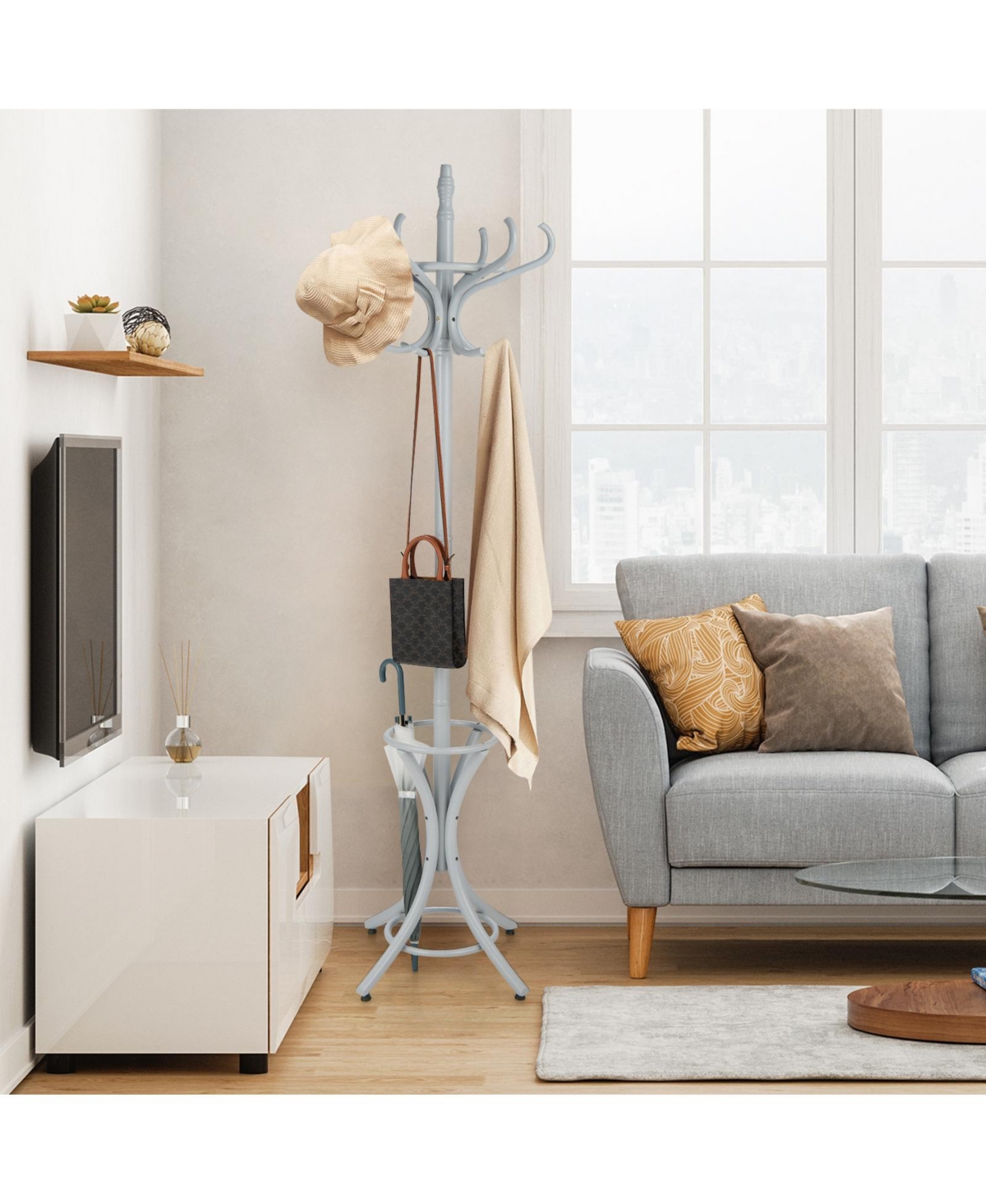 Wood Standing Hat Coat Rack with Umbrella Stand