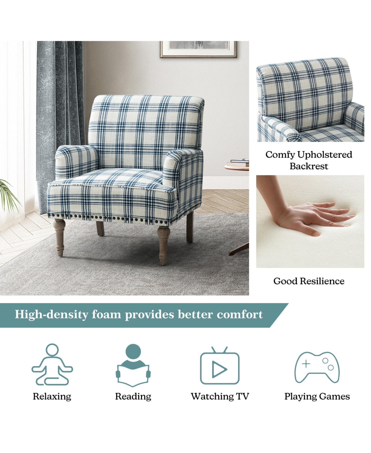 Ruarc Farmhouse Upholstered Armchair - Plaid Design Accent Chair