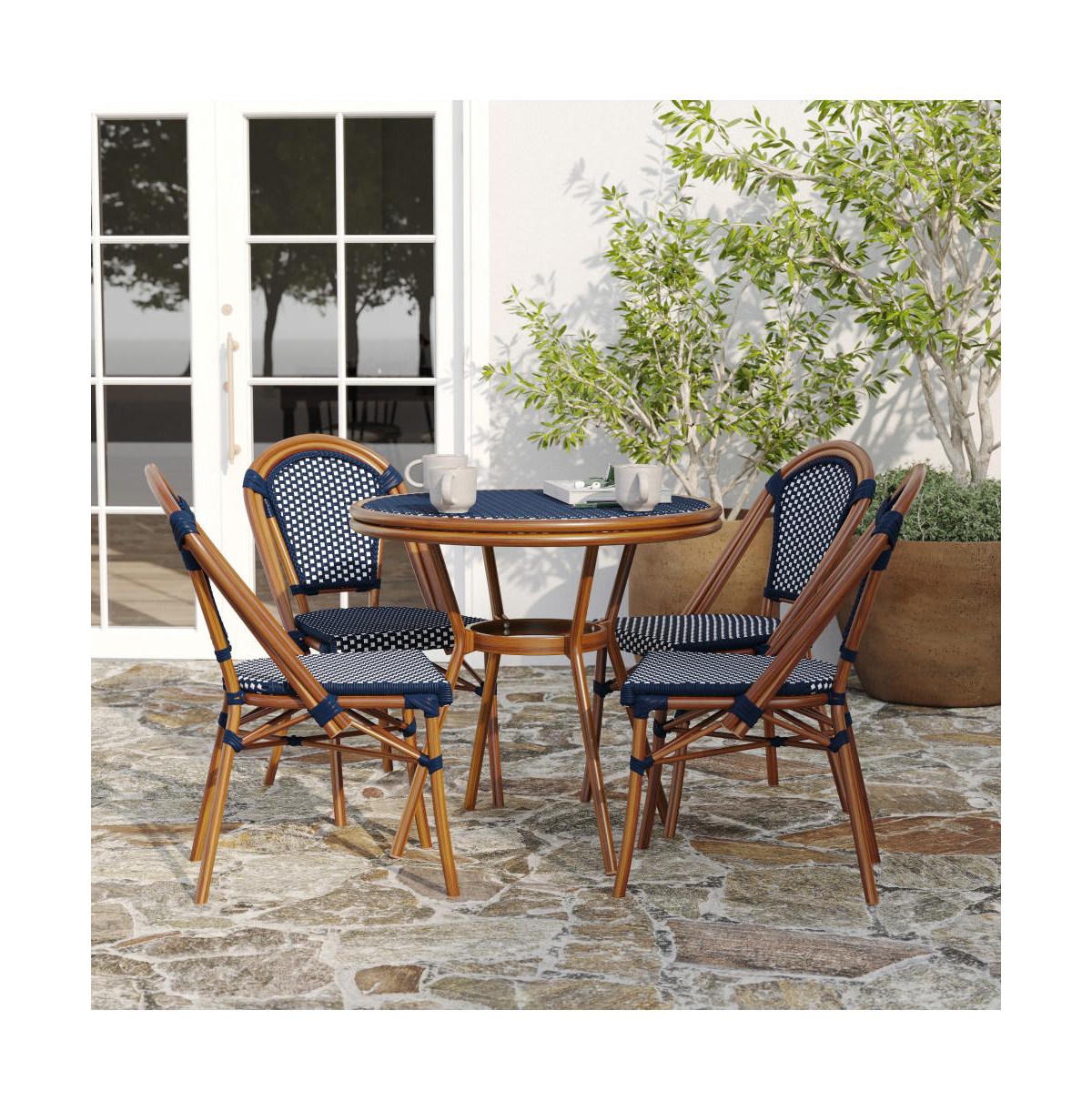 Merrick Lane Sacha Bistro Style Table With Glass Top, Pe Rattan, 2 Stack Chairs, And Bamboo Finished Metal Frame For Indoor/Outdoor Use - Navy  white