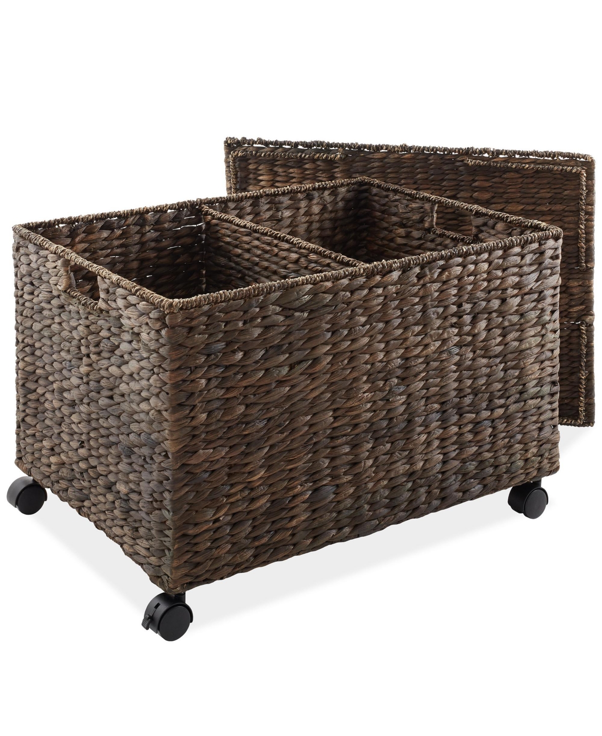 Rolling Storage Basket Cart with Lid and Wheels, Natural - Woven Water Hyacinth Divided Sorting Bin for Kitchen, Pantry, Laundry, Garage - N