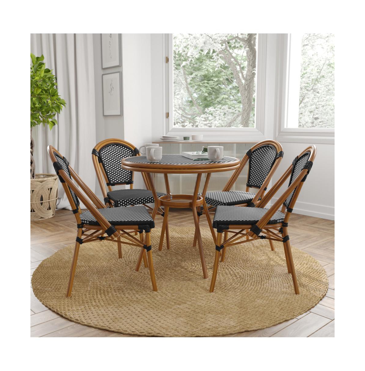 Merrick Lane Sacha Bistro Style Table With Glass Top, Pe Rattan, Stack Chairs