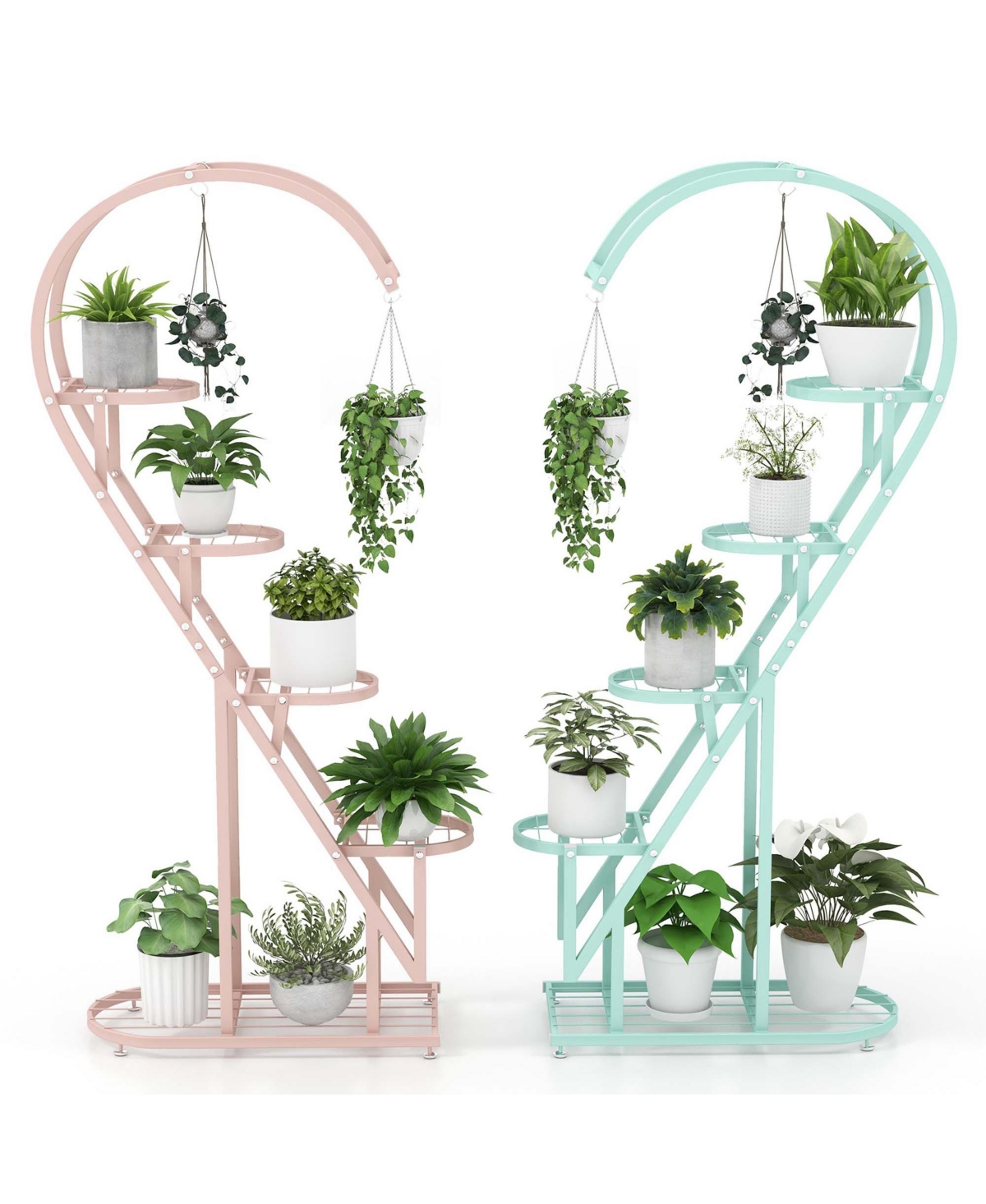 5 Tier Metal Plant Stand Heart-shaped Shelf with Hanging Hook for Multiple Plants - White