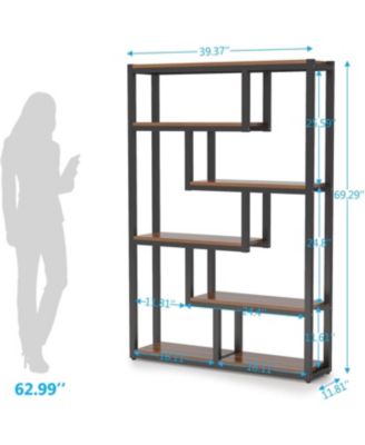 6-Shelf Industrial 69-Inch Tall Bookshelf with Staggered Display Shelves and Metal Frame Etagere Bookcase for Home Office