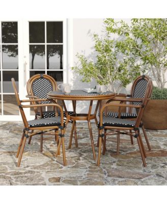 Celia Bistro Style Table With Glass Top, Pe Rattan, 4 Stack Chairs, And Bamboo Finished Metal Frame For Indoor/Outdoor Use