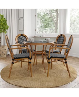 Celia Bistro Style Table With Glass Top, Pe Rattan, 4 Stack Chairs, And Bamboo Finished Metal Frame For Indoor/Outdoor Use