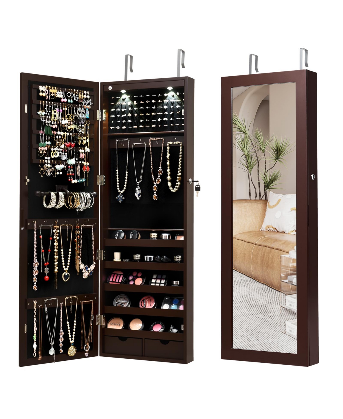 Lockable Wall Mount Mirrored Jewelry Cabinet with Led Lights - Brown
