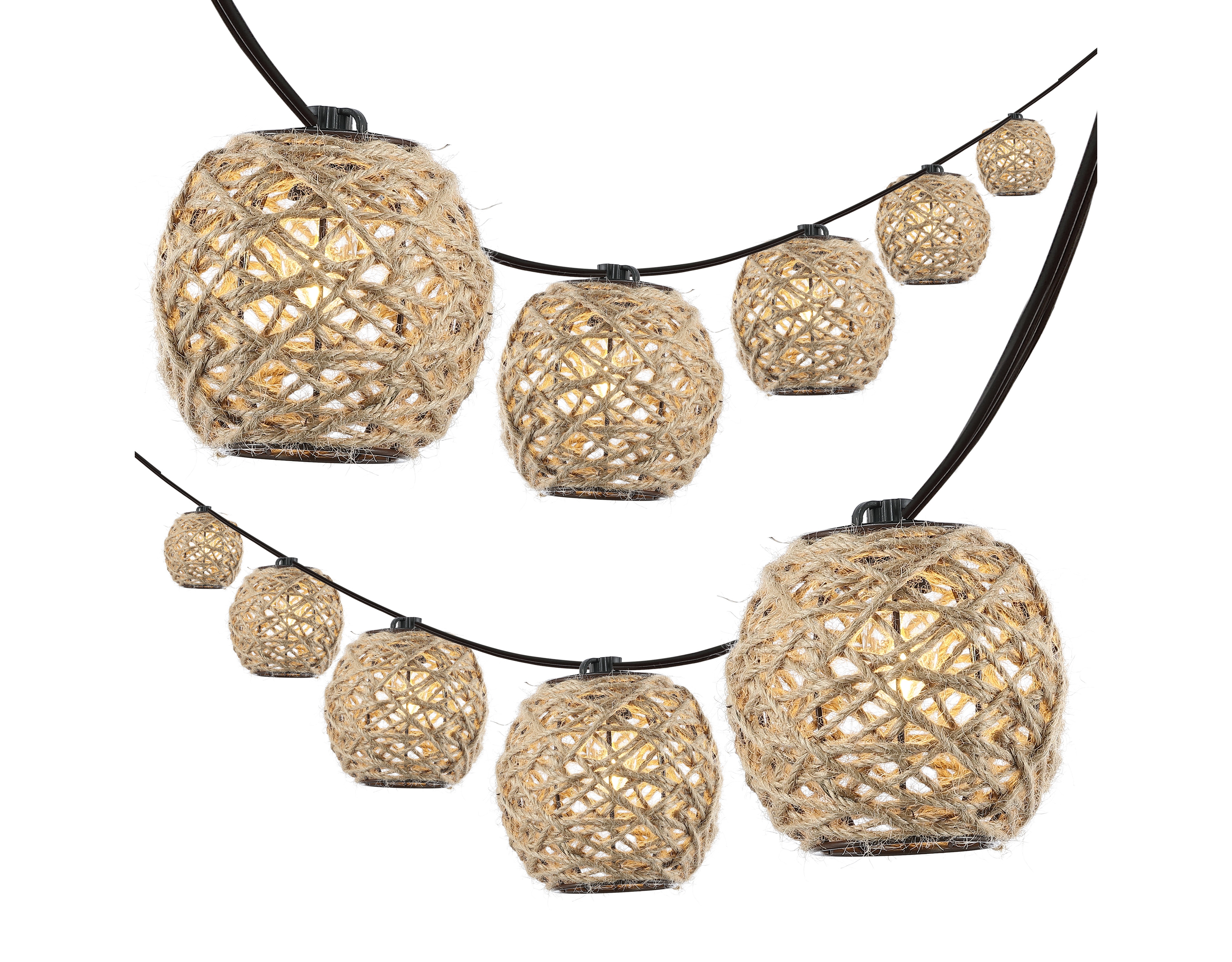 Jonathan Y Oahu 10-Light Indoor/Outdoor 10 ft. Rustic Coastal Led C7 Globe Hemp Rope Shaded String Lights, Light Brown