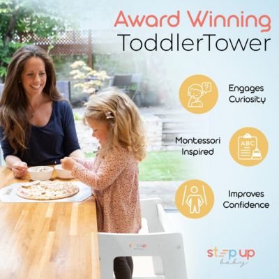 Toddler Tower with Adjustable Step, White Montessori-Inspired Toddler Step Stool, Standing Tower for Kids, Fits Under Kitchen Counters, Adjustable for 18 Month - 5 Years