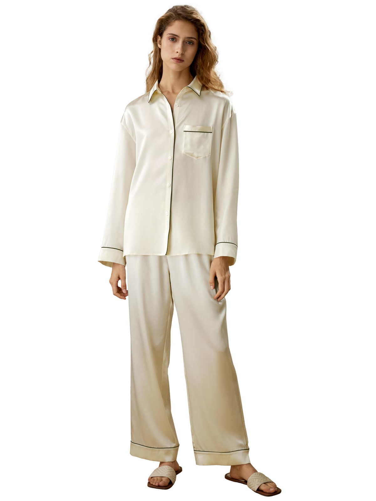 Women's Contrast Piping Button-Up Full Length Pajama Set for Women - Lily white