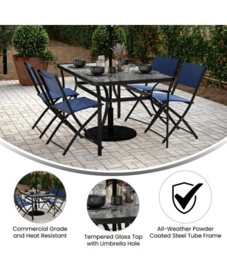 Tala Rectangular Tempered Glass Top Patio Table With Umbrella Hole And Black Steel Tube Frame